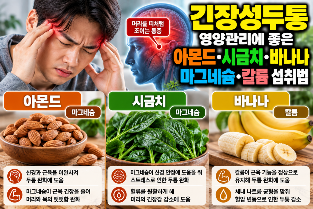 긴장성두통 영양관리에 좋은 아몬드·시금치·바나나, 마그네슘·칼륨 섭취법