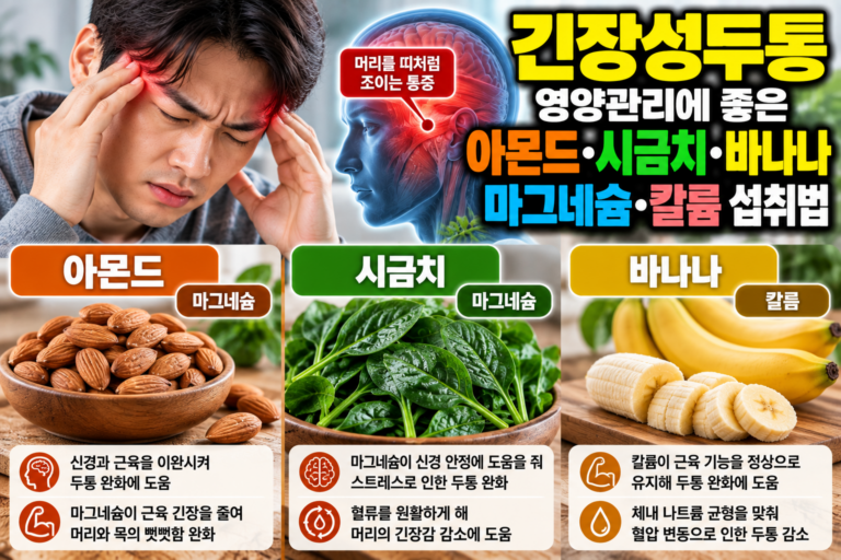 긴장성두통 영양관리에 좋은 아몬드·시금치·바나나, 마그네슘·칼륨 섭취법