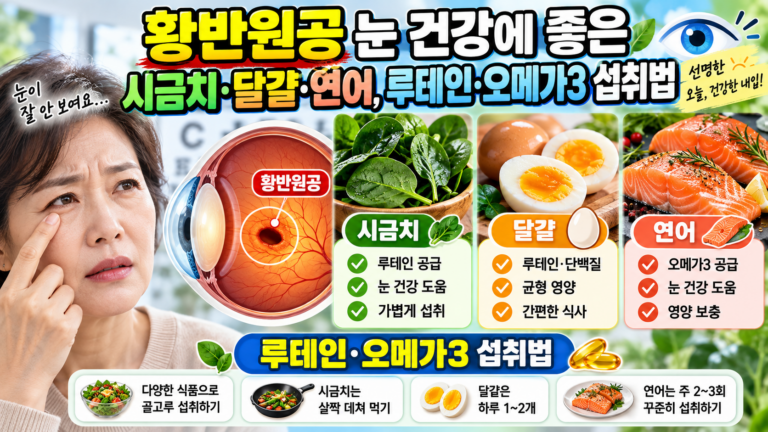 황반원공 눈 건강에 좋은 시금치·달걀·연어, 루테인·오메가3 섭취법